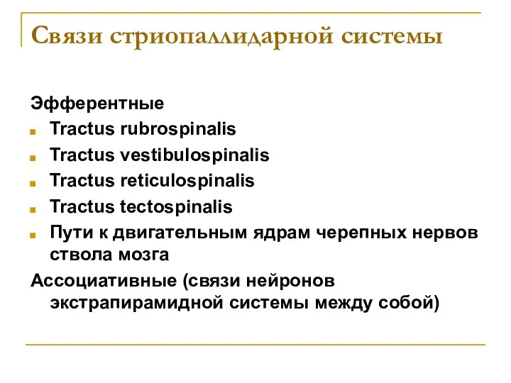 Связи стриопаллидарной системы Эфферентные Tractus rubrospinalis Tractus vestibulospinalis Tractus reticulospinalis Tractus