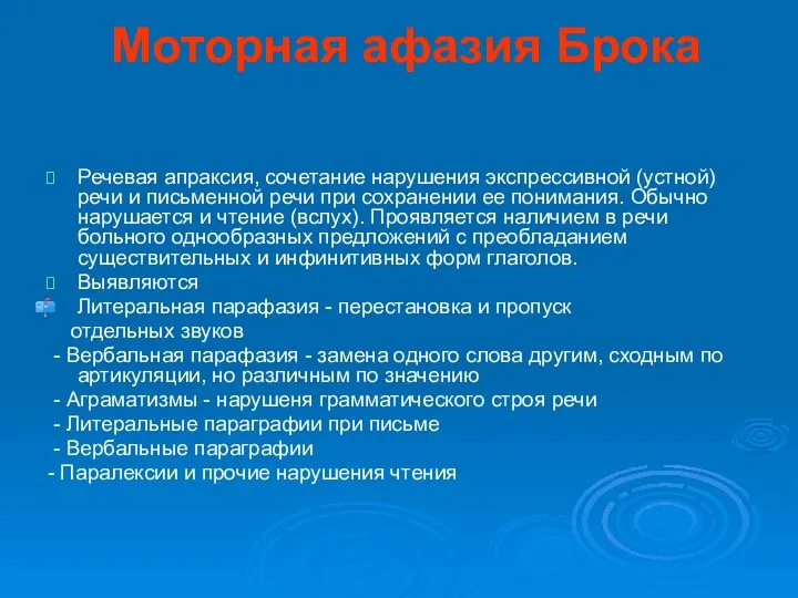 Моторная афазия Брока Речевая апраксия, сочетание нарушения экспрессивной (устной) речи и