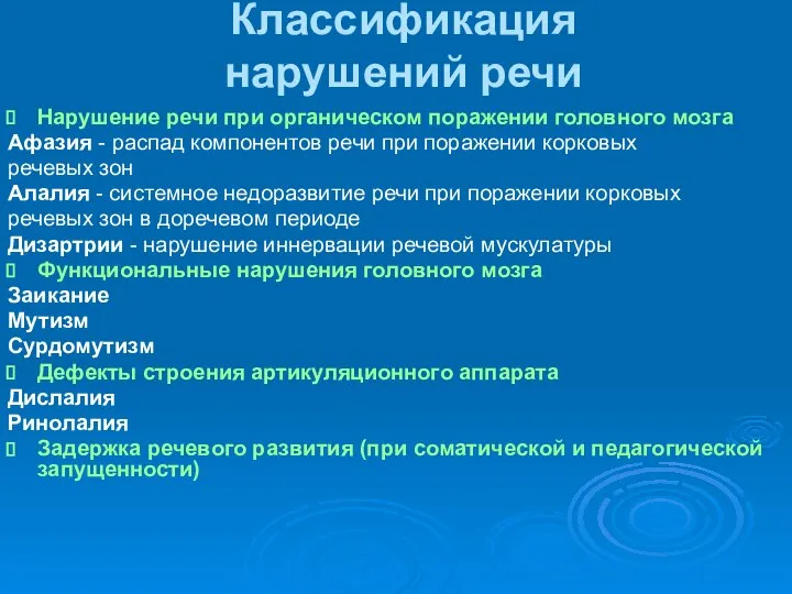 Классификация нарушений речи Нарушение речи при органическом поражении головного мозга Афазия