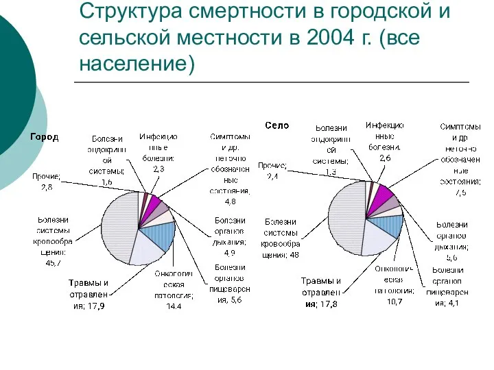 Структура смертности в городской и сельской местности в 2004 г. (все население)