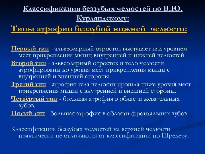 Классификация беззубых челюстей по В.Ю. Курляндскому: Типы атрофии беззубой нижней челюсти: