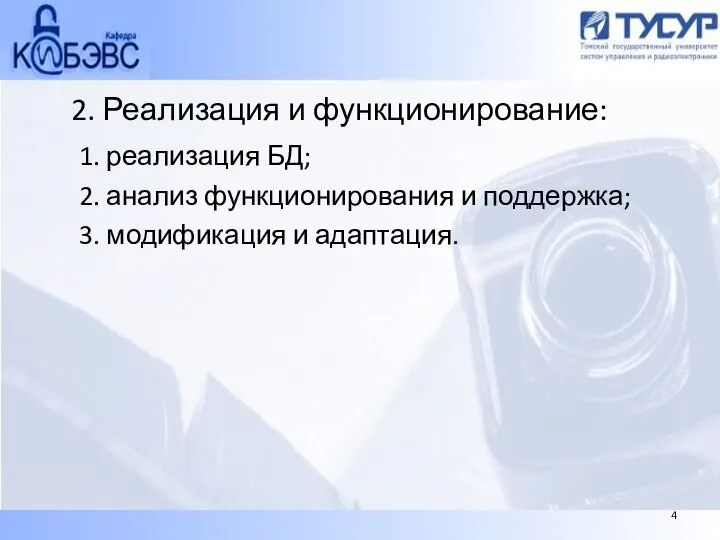 2. Реализация и функционирование: 1. реализация БД; 2. анализ функционирования и