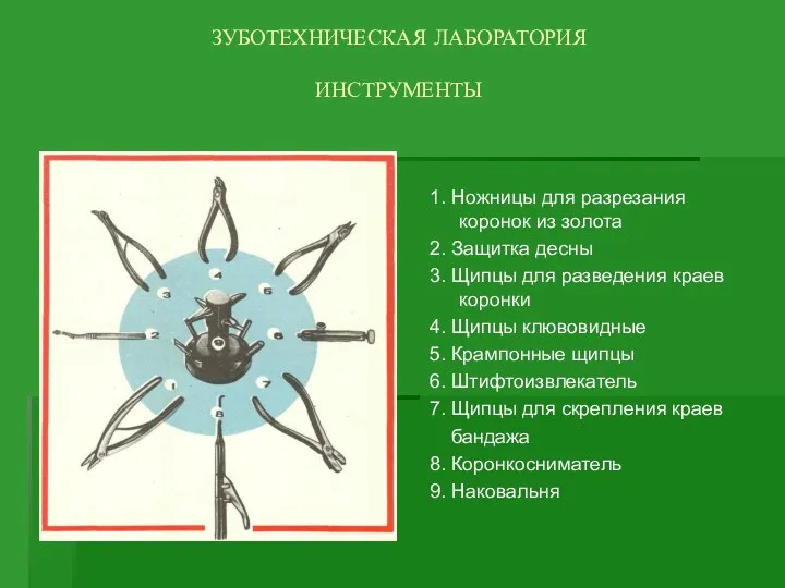 ЗУБОТЕХНИЧЕСКАЯ ЛАБОРАТОРИЯ ИНСТРУМЕНТЫ 1. Ножницы для разрезания коронок из золота 2.