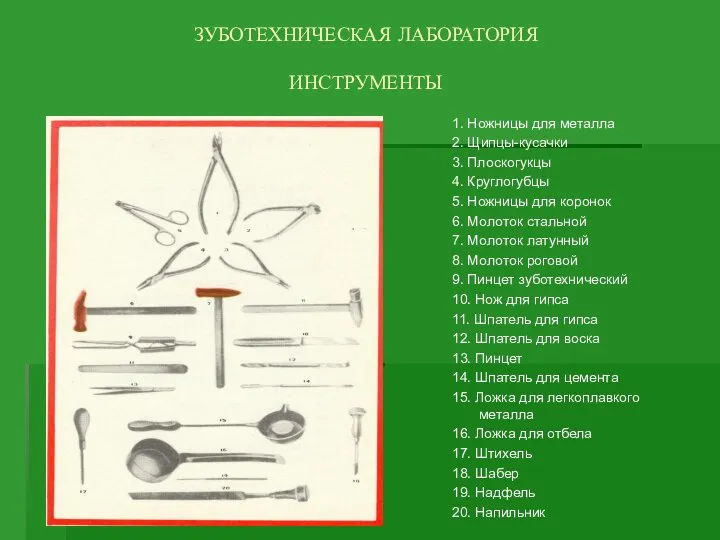 ЗУБОТЕХНИЧЕСКАЯ ЛАБОРАТОРИЯ ИНСТРУМЕНТЫ 1. Ножницы для металла 2. Щипцы-кусачки 3. Плоскогукцы