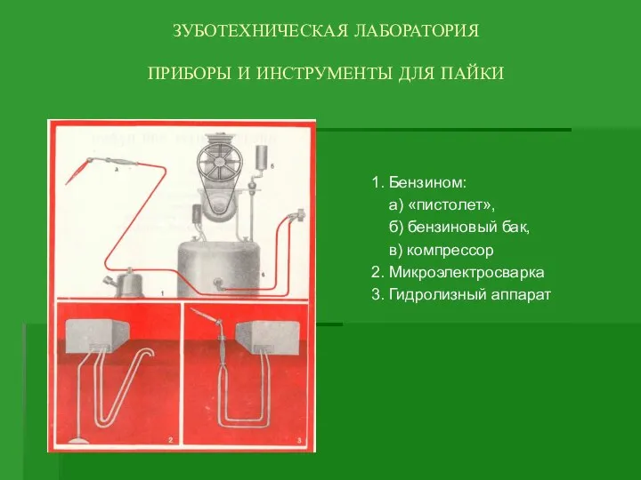 ЗУБОТЕХНИЧЕСКАЯ ЛАБОРАТОРИЯ ПРИБОРЫ И ИНСТРУМЕНТЫ ДЛЯ ПАЙКИ 1. Бензином: а) «пистолет»,