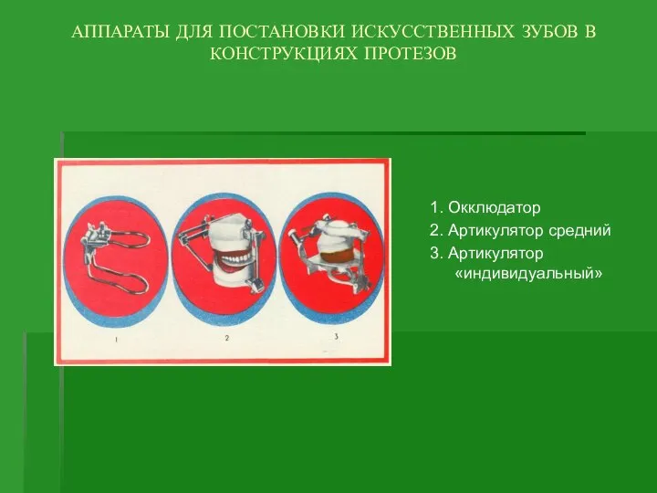 АППАРАТЫ ДЛЯ ПОСТАНОВКИ ИСКУССТВЕННЫХ ЗУБОВ В КОНСТРУКЦИЯХ ПРОТЕЗОВ 1. Окклюдатор 2. Артикулятор средний 3. Артикулятор «индивидуальный»