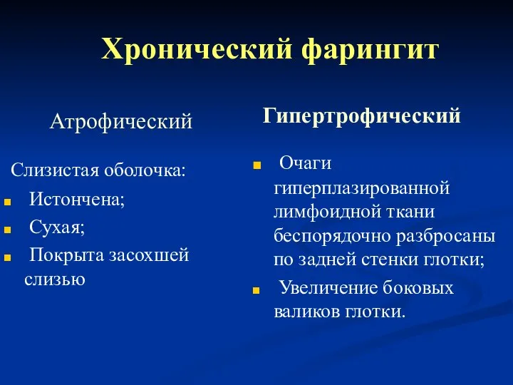 Атрофический Слизистая оболочка: Истончена; Сухая; Покрыта засохшей слизью Гипертрофический Очаги гиперплазированной