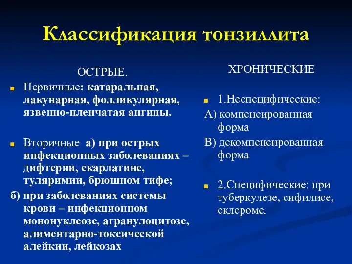 Классификация тонзиллита ОСТРЫЕ. Первичные: катаральная, лакунарная, фолликулярная, язвенно-пленчатая ангины. Вторичные а)