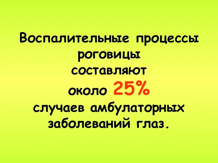 Воспалительные процессы роговицы составляют около 25% случаев амбулаторных заболеваний глаз.