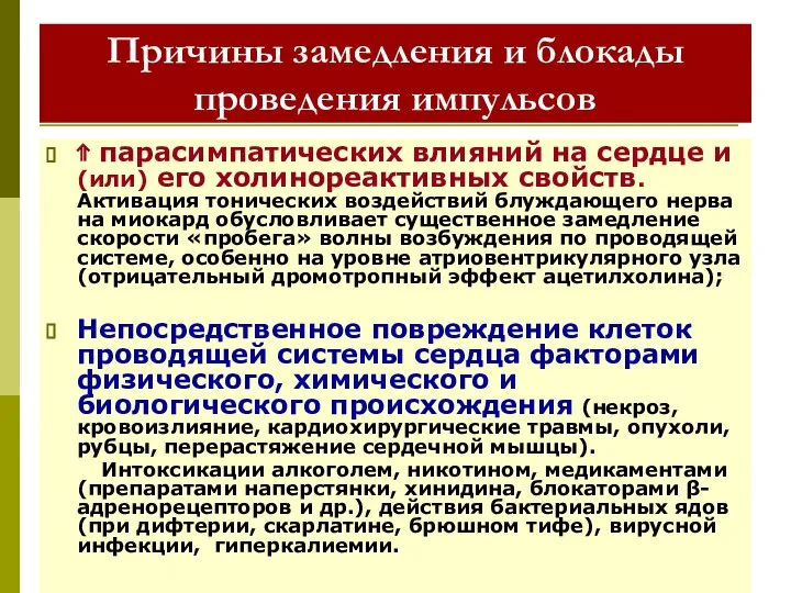 Причины замедления и блокады проведения импульсов ⇑ парасимпатических влияний на сердце