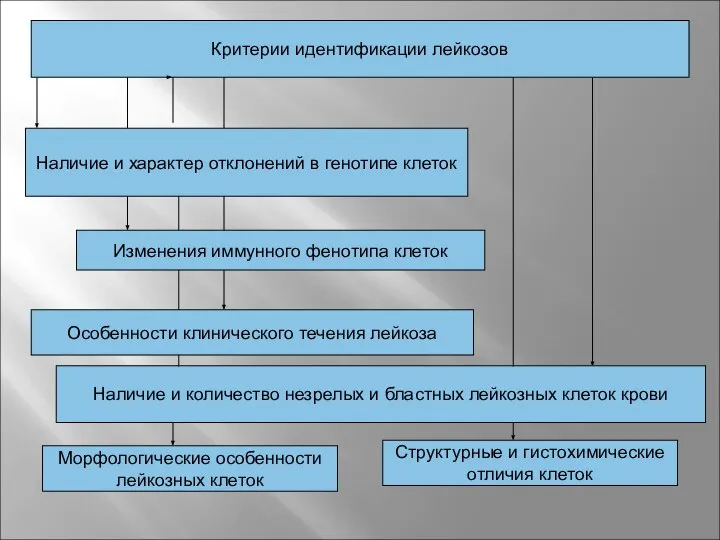 Критерии идентификации лейкозов Наличие и характер отклонений в генотипе клеток Изменения