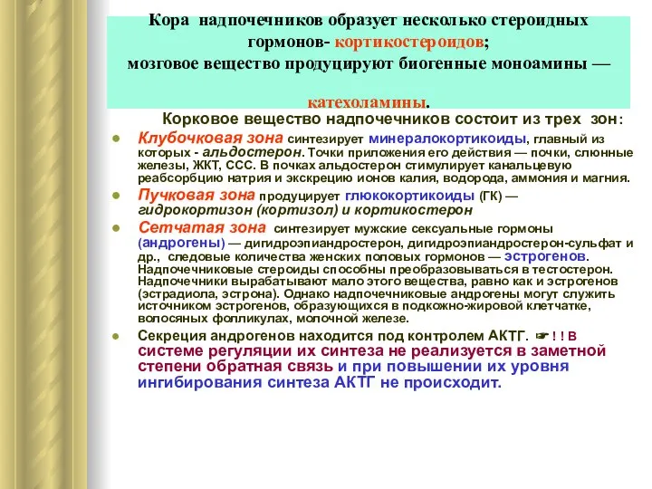 Кора надпочечников образует несколько стероидных гормонов- кортикостероидов; мозговое вещество продуцируют биогенные