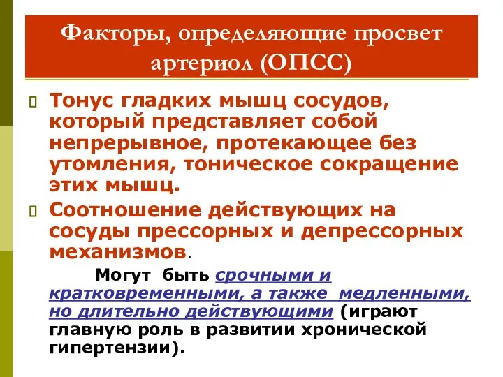 Факторы, определяющие просвет артериол (ОПСС) Тонус гладких мышц сосудов, который представляет