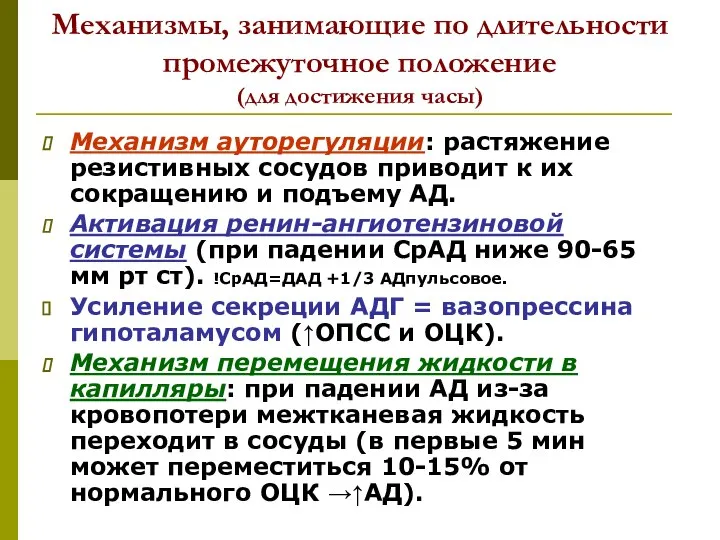 Механизмы, занимающие по длительности промежуточное положение (для достижения часы) Механизм ауторегуляции: