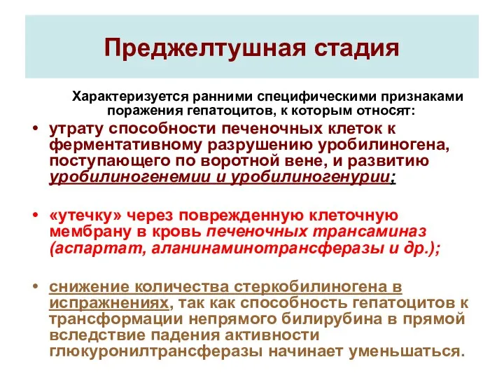 Преджелтушная стадия Характеризуется ранними специфическими признаками поражения гепатоцитов, к которым относят: