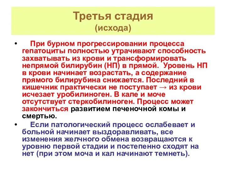 Третья стадия (исхода) При бурном прогрессировании процесса гепатоциты полностью утрачивают способность