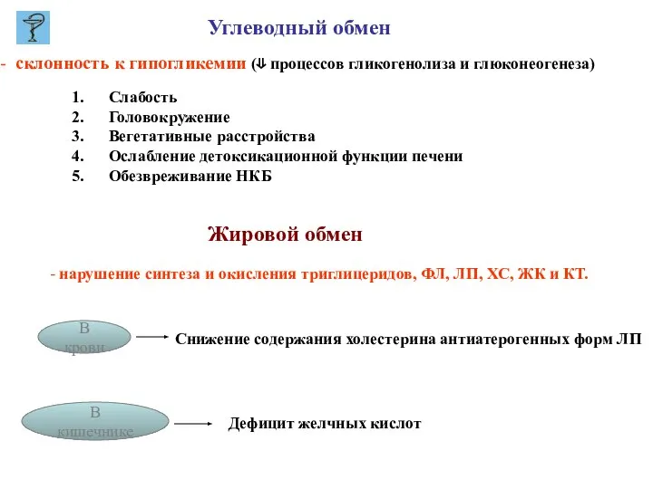 Углеводный обмен склонность к гипогликемии (⇓ процессов гликогенолиза и глюконеогенеза) Слабость