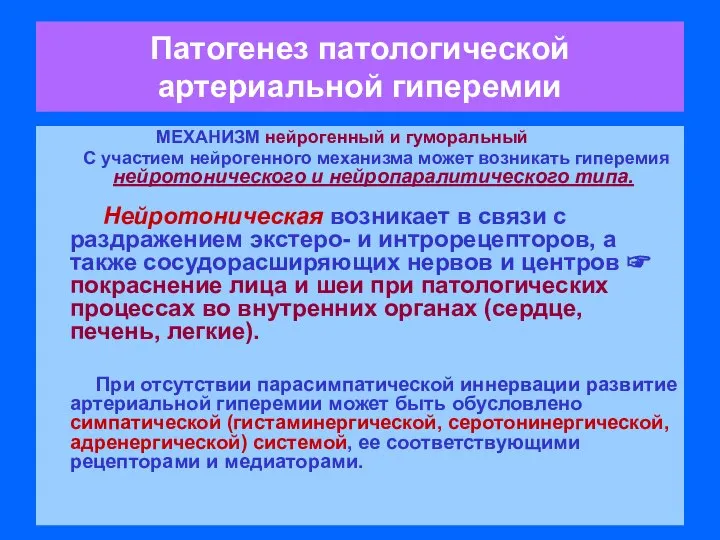 Патогенез патологической артериальной гиперемии МЕХАНИЗМ нейрогенный и гуморальный С участием нейрогенного