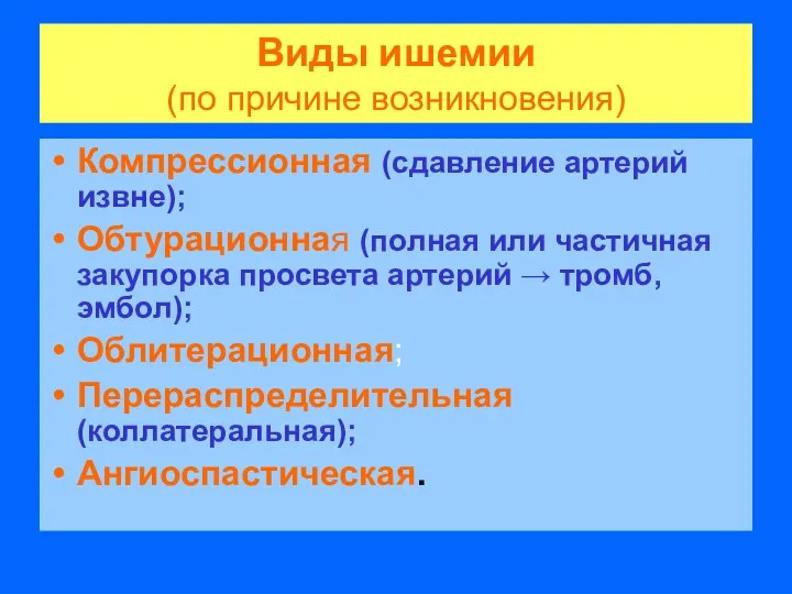 Виды ишемии (по причине возникновения) Компрессионная (сдавление артерий извне); Обтурационная (полная