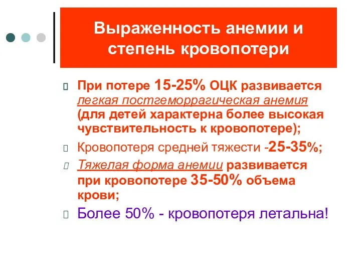 Выраженность анемии и степень кровопотери При потере 15-25% ОЦК развивается легкая