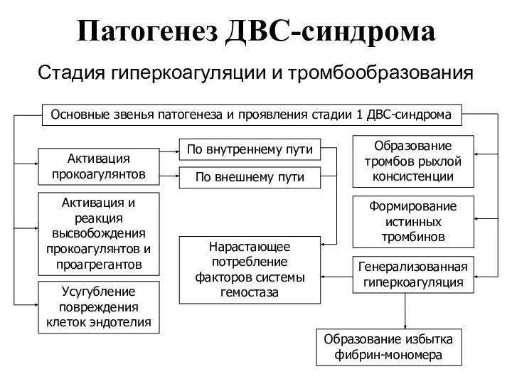 Патогенез ДВС-синдрома Стадия гиперкоагуляции и тромбообразования Основные звенья патогенеза и проявления