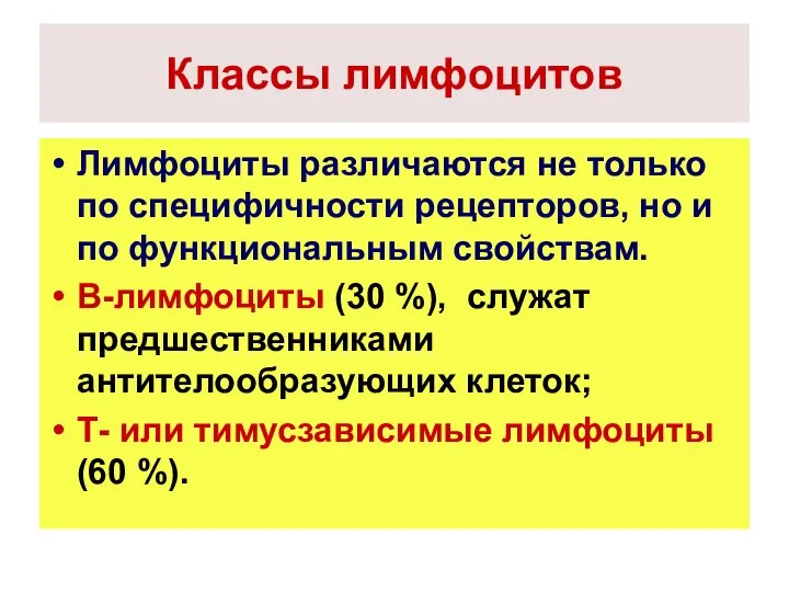 Классы лимфоцитов Лимфоциты различаются не только по специфичности рецепторов, но и