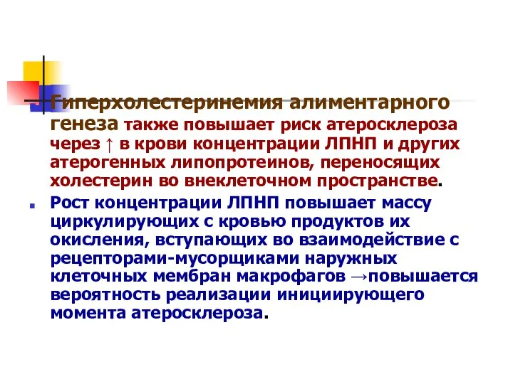 Гиперхолестеринемия алиментарного генеза также повышает риск атеросклероза через ↑ в крови