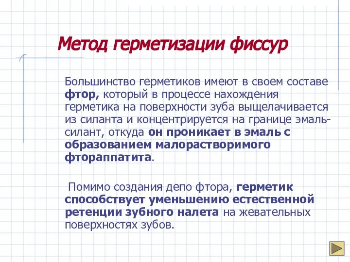 Метод герметизации фиссур Большинство герметиков имеют в своем составе фтор, который