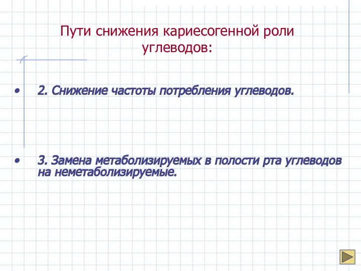 Пути снижения кариесогенной роли углеводов: 2. Снижение частоты потребления углеводов. 3.