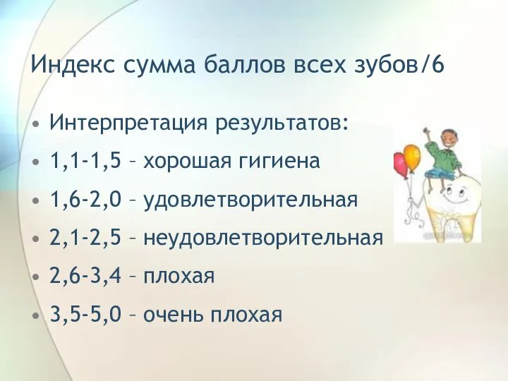 Индекс сумма баллов всех зубов/6 Интерпретация результатов: 1,1-1,5 – хорошая гигиена