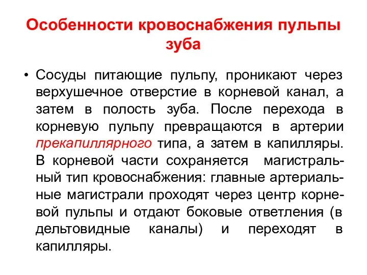 Особенности кровоснабжения пульпы зуба Сосуды питающие пульпу, проникают через верхушечное отверстие