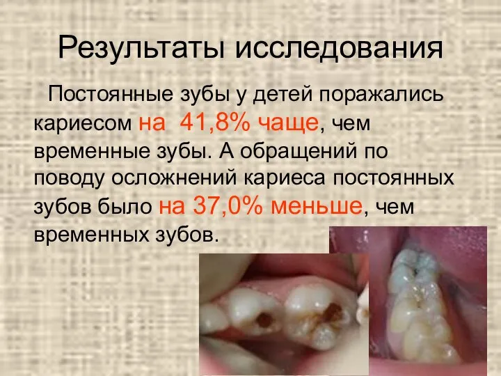 Результаты исследования Постоянные зубы у детей поражались кариесом на 41,8% чаще,