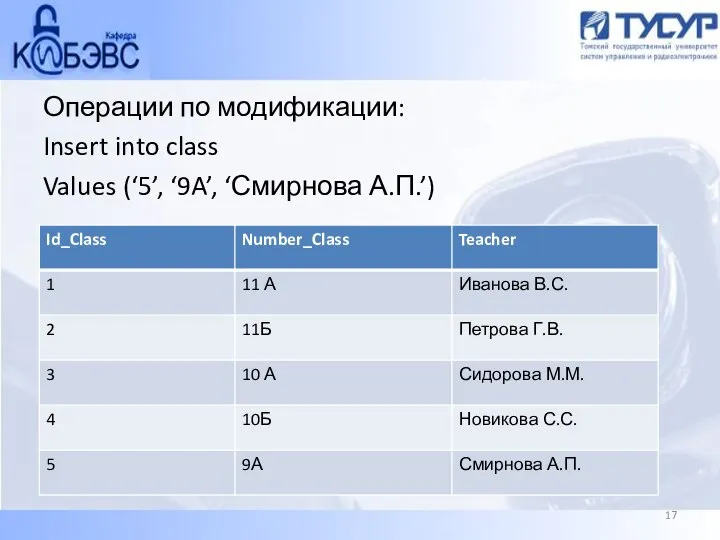 Операции по модификации: Insert into class Values (‘5’, ‘9A’, ‘Смирнова А.П.’)