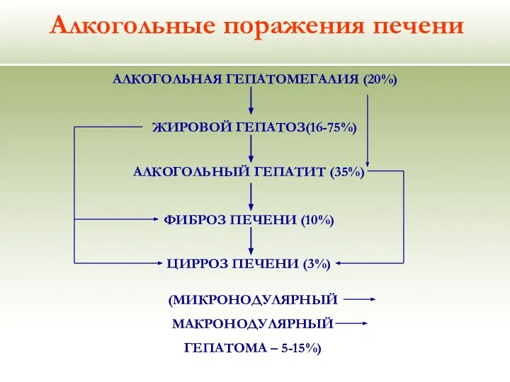 Алкогольные поражения печени АЛКОГОЛЬНАЯ ГЕПАТОМЕГАЛИЯ (20%) ЖИРОВОЙ ГЕПАТОЗ(16-75%) АЛКОГОЛЬНЫЙ ГЕПАТИТ (35%)