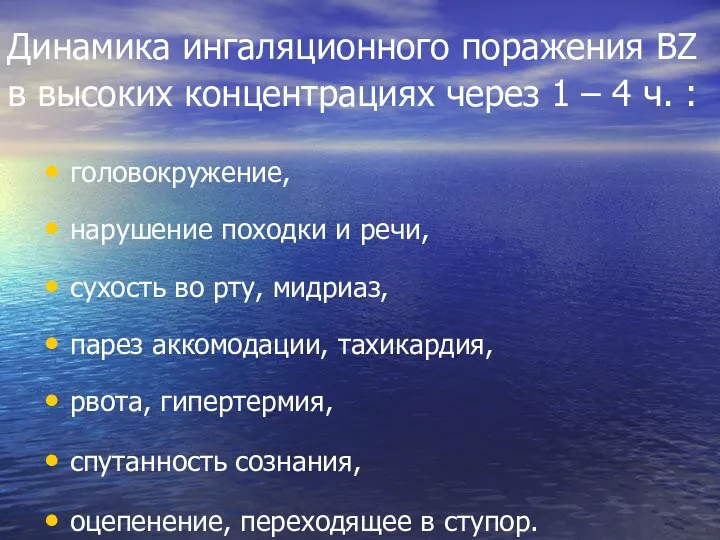 Динамика ингаляционного поражения ВZ в высоких концентрациях через 1 – 4