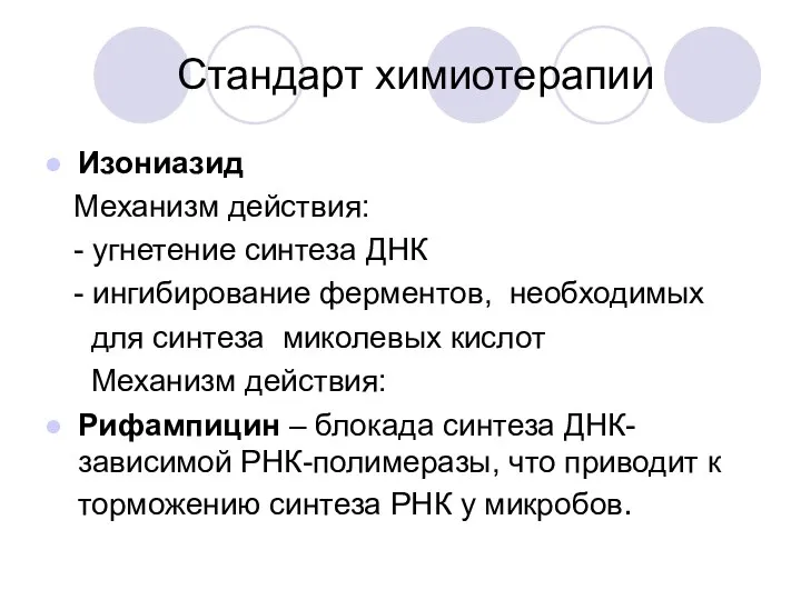 Стандарт химиотерапии Изониазид Механизм действия: - угнетение синтеза ДНК - ингибирование