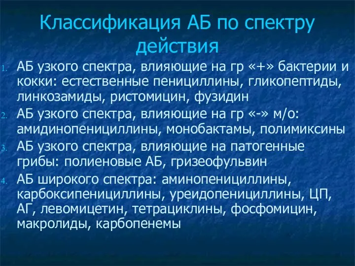 Классификация АБ по спектру действия АБ узкого спектра, влияющие на гр