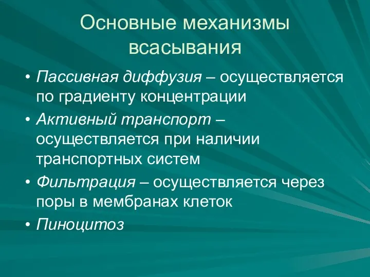 Основные механизмы всасывания Пассивная диффузия – осуществляется по градиенту концентрации Активный