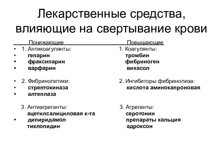 Лекарственные средства, влияющие на свертывание крови Понижающие Повышающие 1. Антикоагулянты: 1.