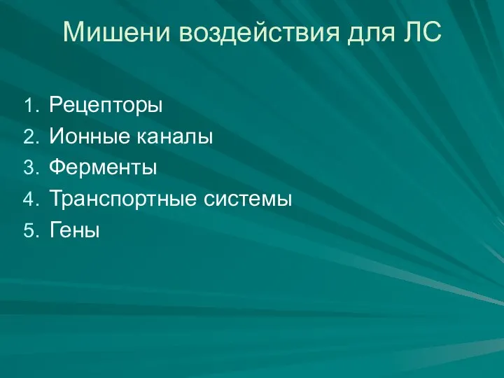 Мишени воздействия для ЛС Рецепторы Ионные каналы Ферменты Транспортные системы Гены