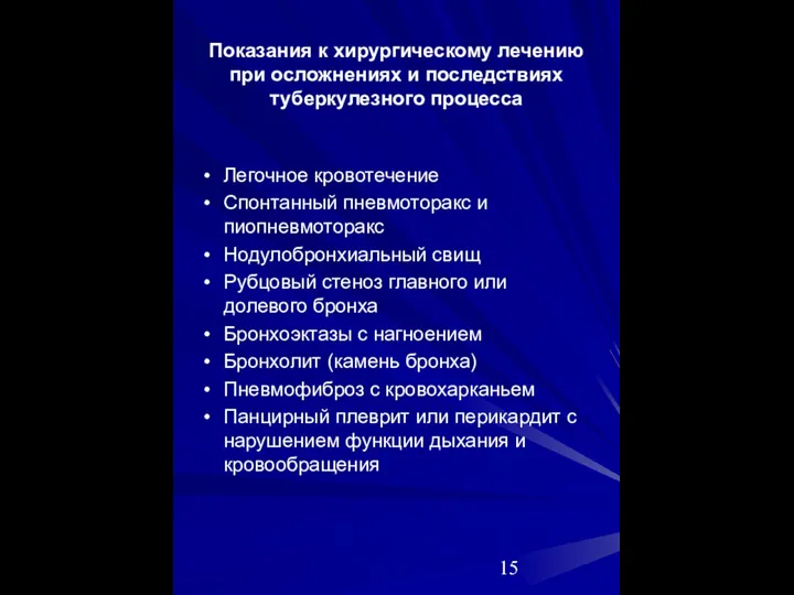 Показания к хирургическому лечению при осложнениях и последствиях туберкулезного процесса Легочное