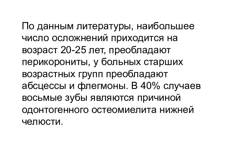 По данным литературы, наибольшее число осложнений приходится на возраст 20-25 лет,