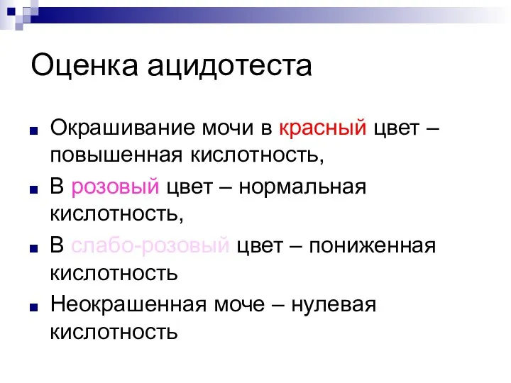 Оценка ацидотеста Окрашивание мочи в красный цвет – повышенная кислотность, В