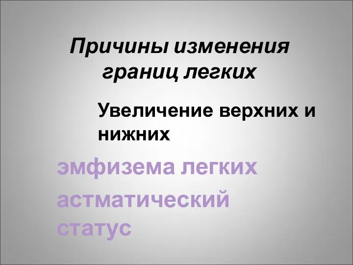 Причины изменения границ легких эмфизема легких астматический статус Увеличение верхних и нижних