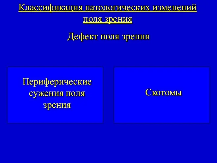 Классификация патологических изменений поля зрения Дефект поля зрения Периферические сужения поля зрения Скотомы