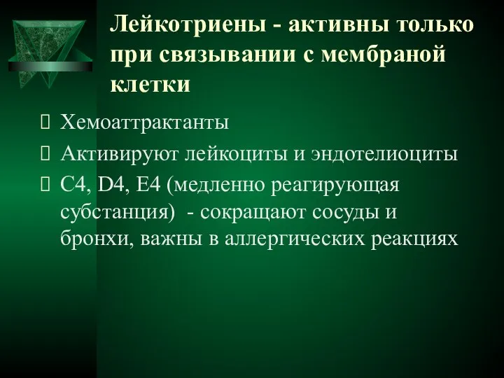 Лейкотриены - активны только при связывании с мембраной клетки Хемоаттрактанты Активируют