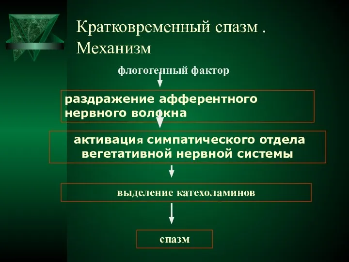 Кратковременный спазм . Механизм флогогенный фактор раздражение афферентного нервного волокна активация