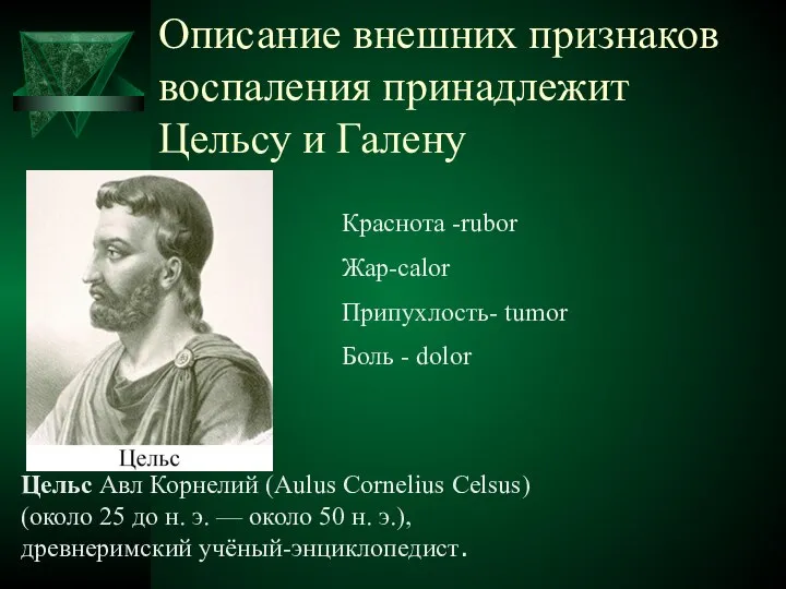 Описание внешних признаков воспаления принадлежит Цельсу и Галену Цельс Авл Корнелий