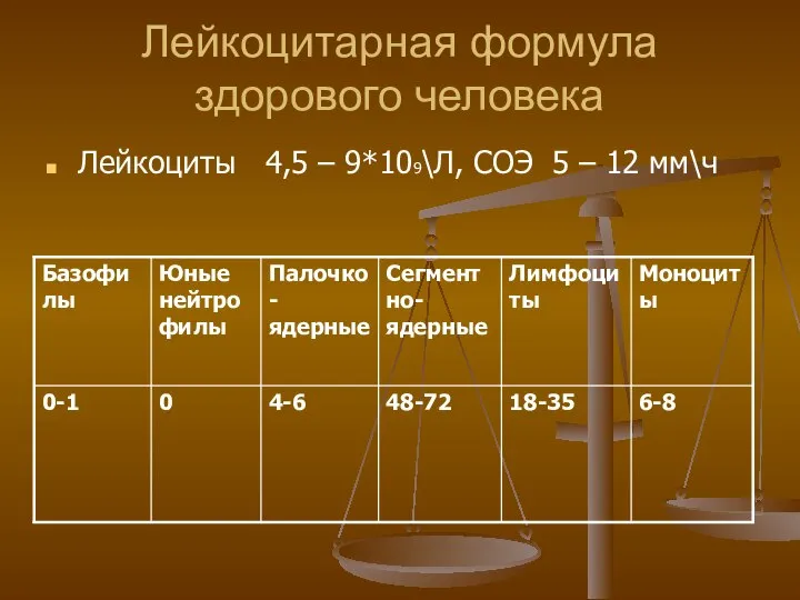 Лейкоцитарная формула здорового человека Лейкоциты 4,5 – 9*109\Л, СОЭ 5 – 12 мм\ч