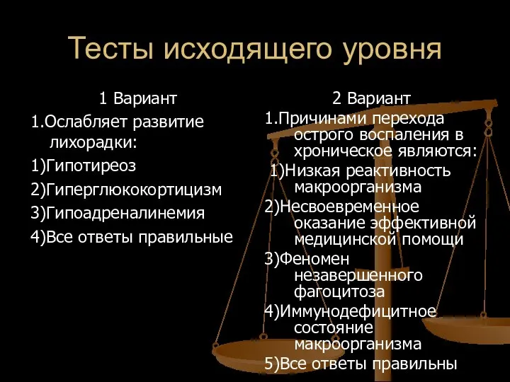 Тесты исходящего уровня 1 Вариант 1.Ослабляет развитие лихорадки: 1)Гипотиреоз 2)Гиперглюкокортицизм 3)Гипоадреналинемия